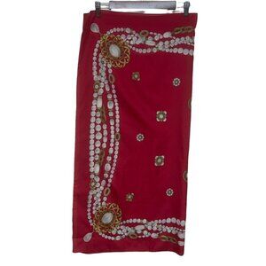 Avon Vintage Red Pearl Baroque Necklace Graphic Jewel Scarf Wrap  34" x 34"